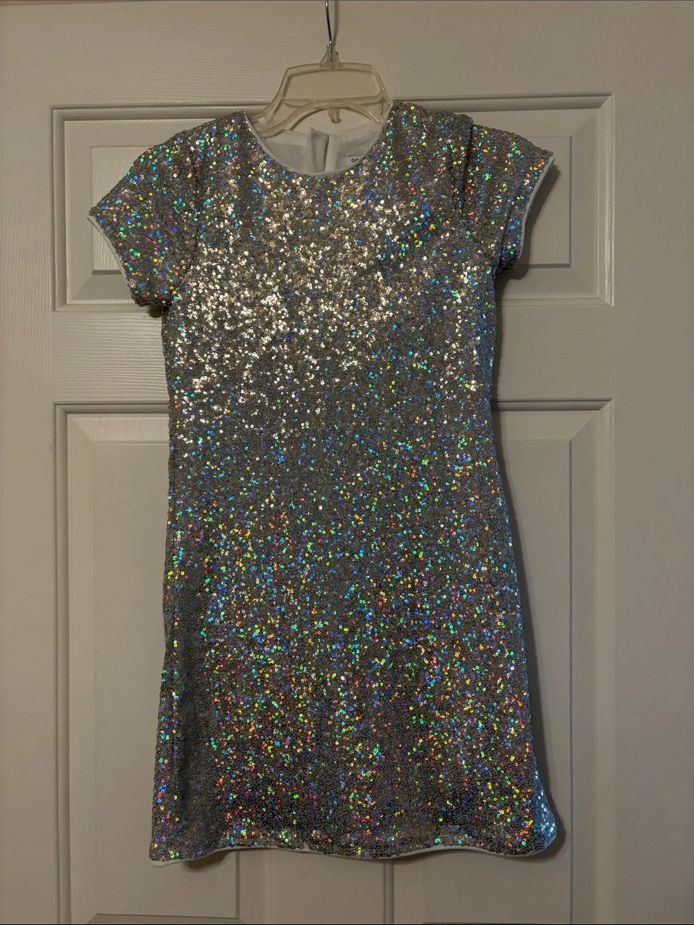 Calvin Klein Girls Holographic Silver Sequin Short Sleeve Dress